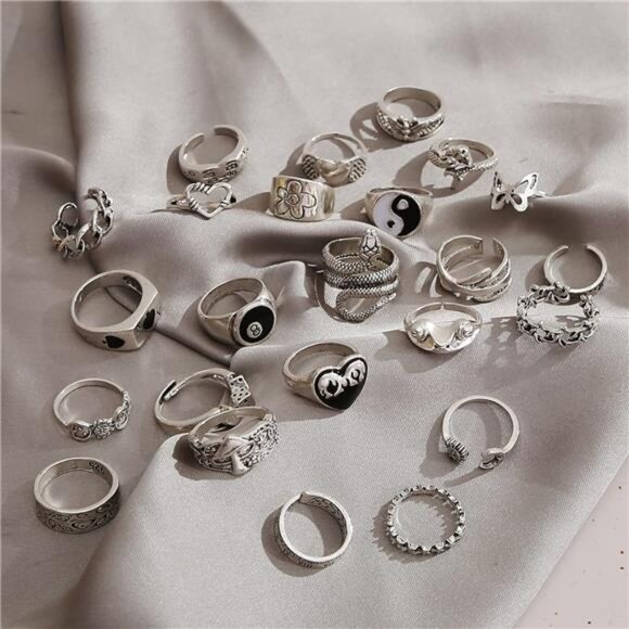 Vintage Silver Open Punk Rings for Men Women, 24PCS Adjustable Rings, Alt Rings - Picture 7 of 8